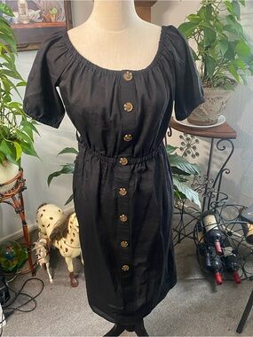 IVIVI Black Button-Front Midi Dress with Elastic Waist